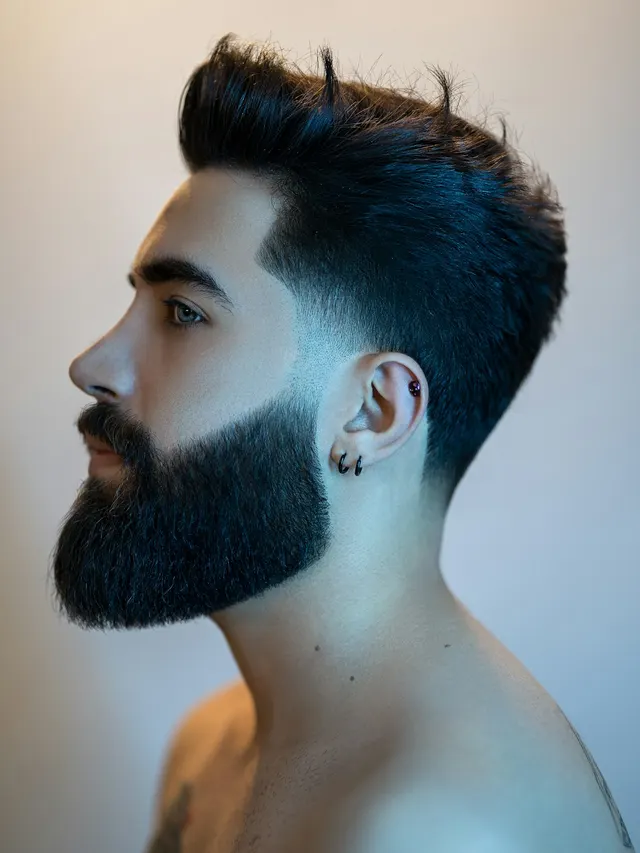 Barba cheia desenhada com degradê nas laterais, de perfil