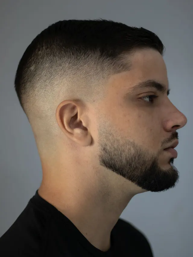 Low fade: degradê baixo com barba alinhada, vista de perfil